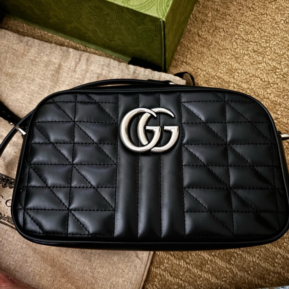 Gucci Marmont Black Camera Bag Gunmetal Crossbody  100% Authentic
